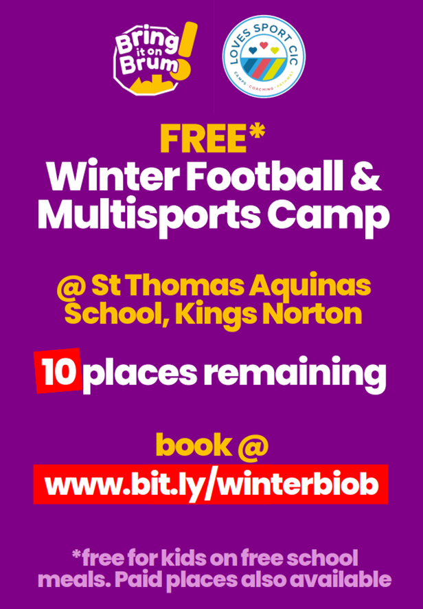 Winter Football and multisports camp @ St Thomas Aquinas School, 10 places left. Free for FSM children. Book: www.bit.ly/winterbiob